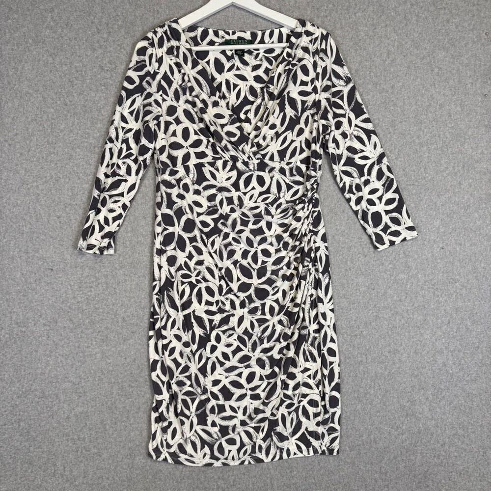 VTG Lauren Ralph Lauren Women's 12P Black White Print A Line Long Sleeve Dress